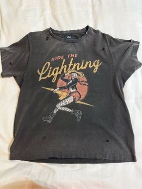 MOTHER Black Crewneck Tee with Brown Label Detail